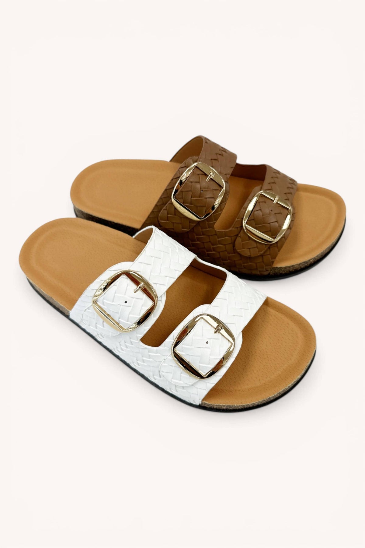 Woven Double Strap Slide Sandals Adjustable Buckle