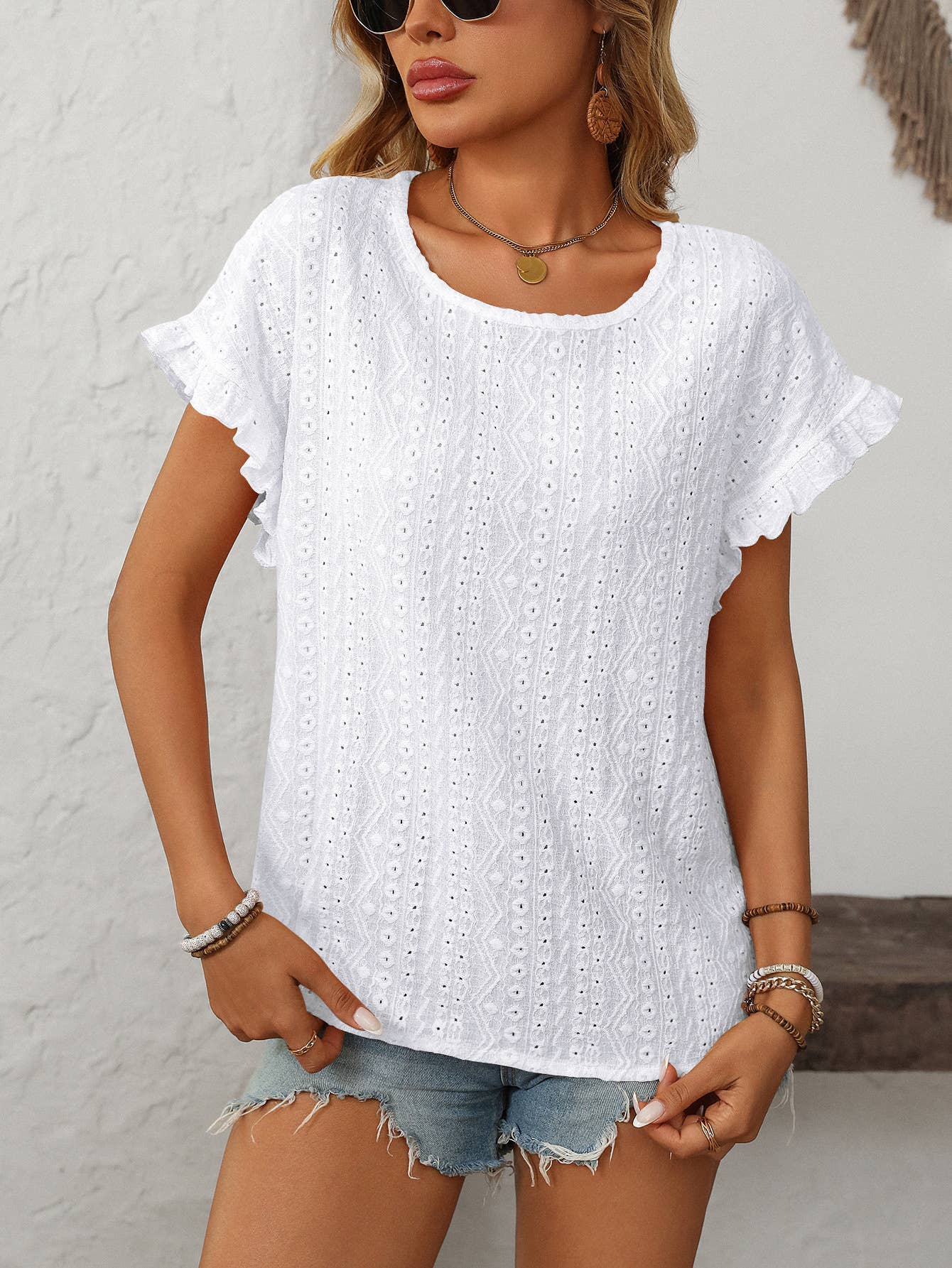 Eyelet Ruffle Short Sleeve Top