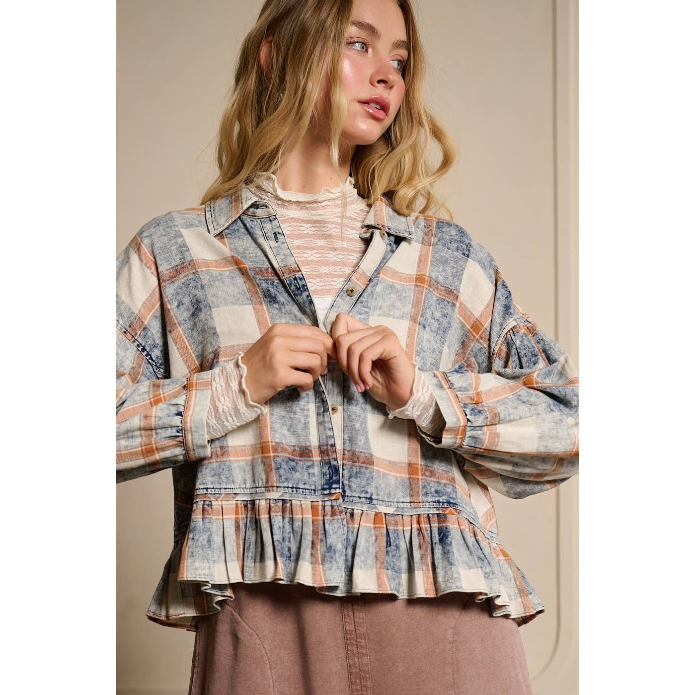 Washed Plaid Ruffle Hem Balloon Sleeve Shirt