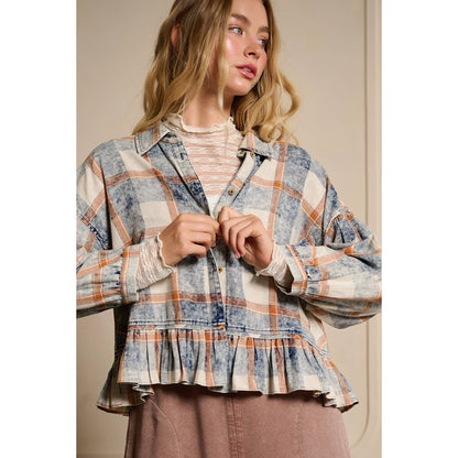 Washed Plaid Ruffle Hem Balloon Sleeve Shirt