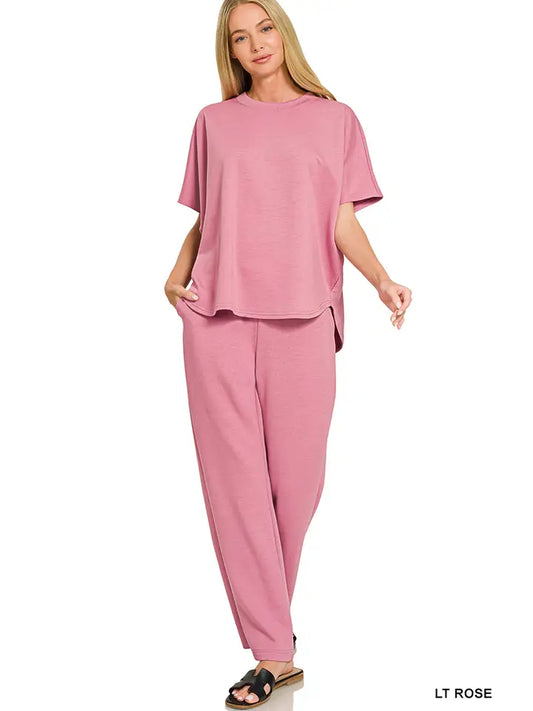 Scuba Curved Hem Top & Bell Bottom Pants Set