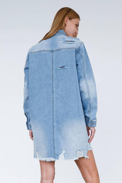 Ripped Raw Trim Denim Shirt Dress - Southern Sassy Boutique