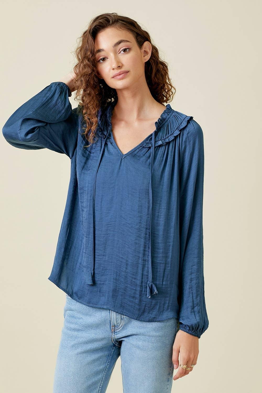 Ruffled Satin Blouse - Southern Sassy Boutique
