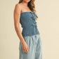 FRONT BOW DETAILED DENIM SMOCKED STRAPLESS TOP