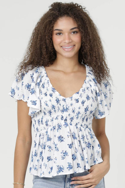 V Neck Smocked Bust Floral Print Top