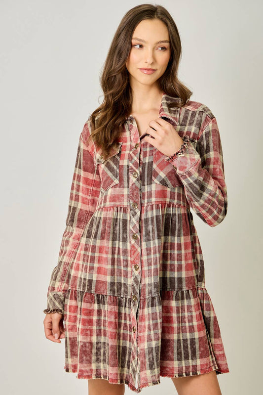 Acid Washed Tiered Coat Dress