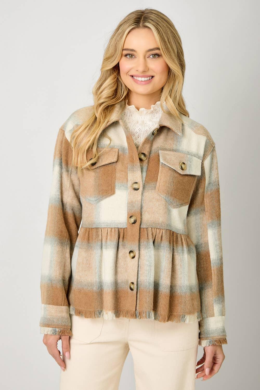 Peplum Fringe Plaid Jacket - Southern Sassy Boutique