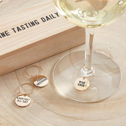 Gold Wine Charms in Pine Box - Wine Tasting Daily - Southern Sassy Boutique