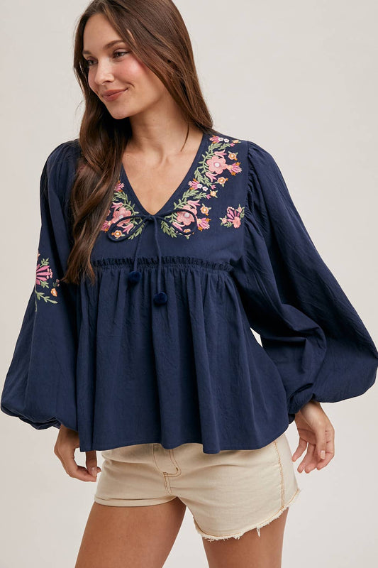 FLORAL EMBROIDERY BUBBLE SLEEVED BABYDOLL TOP