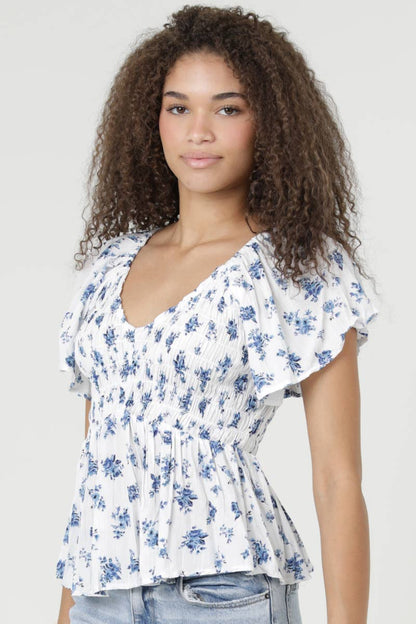 V Neck Smocked Bust Floral Print Top