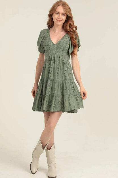 V NECK SMOCKED BODICE EYELET EMBROIDERED DRESS - Southern Sassy Boutique