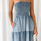 Off-Shoulder Hem Slit Jean Dress