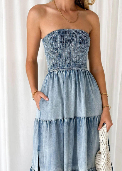 Off-Shoulder Hem Slit Jean Dress - Southern Sassy Boutique