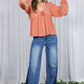 Eyelet Lace Tie Front V-Neck Long Puff Blouse Top