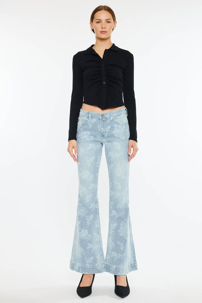 LOW RISE FLORAL PRINTED FLARE JEANS-KC7440L - Southern Sassy Boutique