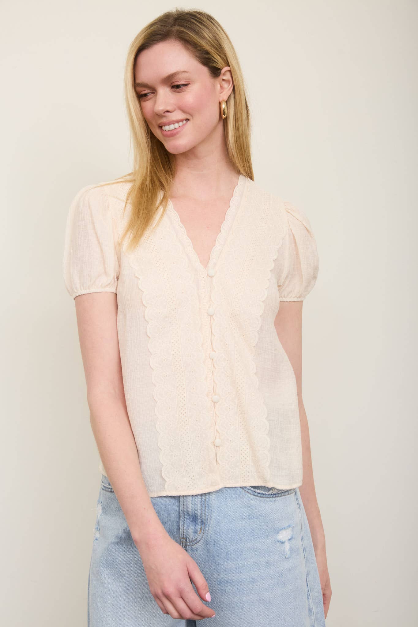 PLUS SCALLOP TRIM V NECK EDGE LACE BUTTON DOWN TOP
