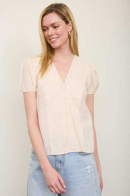 PLUS SCALLOP TRIM V NECK EDGE LACE BUTTON DOWN TOP
