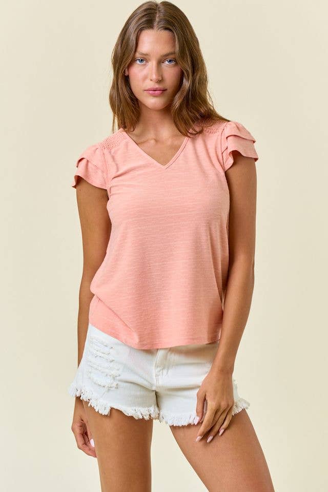 Ruffle Cap Sleeve Smocked Front Yoke Top - 45075T