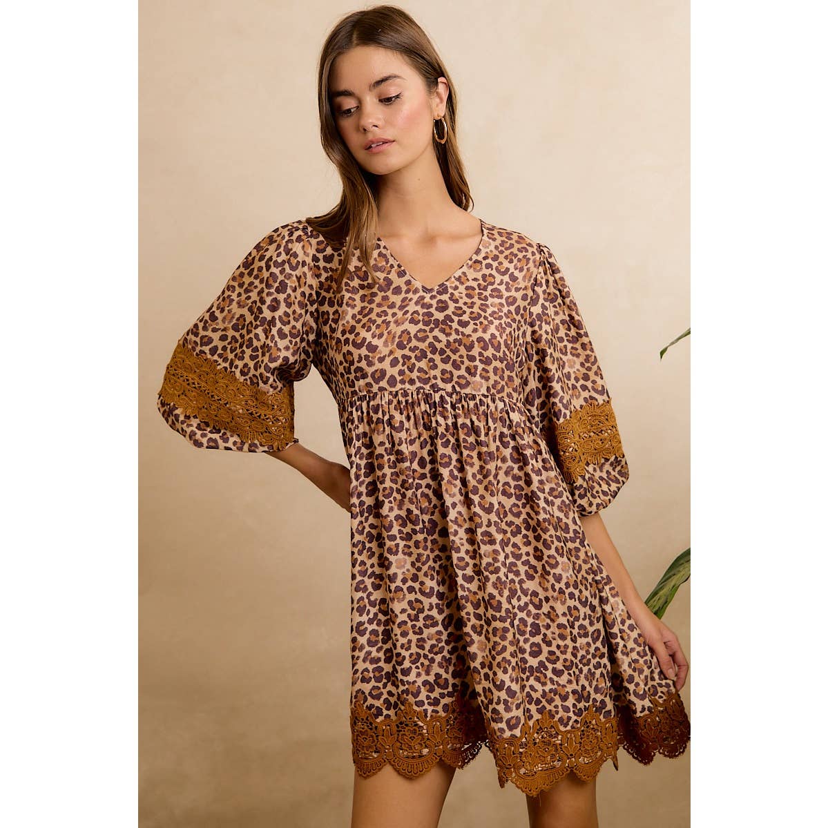 Leopard V-Neck Dress with Lace Trim