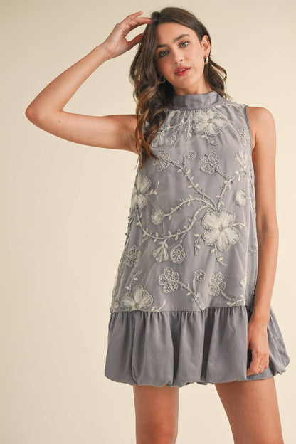 BUBBLE HEM EMBELLISHED MIXED MEDIA MINI DRESS