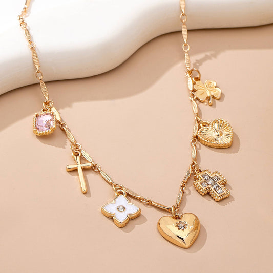 Charm Necklace with crosses hearts flowers clovers