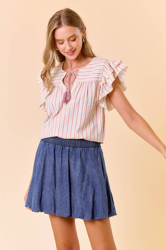 MULTI-COLORED STRIPE RUFFLE CAP SLEEVE PEASANT TOP