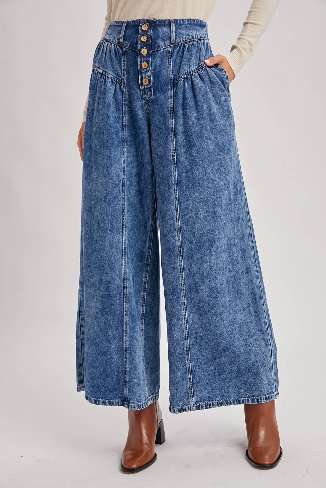 DENIM PLEATED RETRO HIGH-RISE WIDE LEG JEANS - Southern Sassy Boutique
