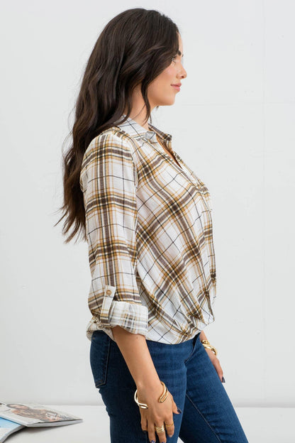 PLAID DRAPED ROLL TAB SLEEVE TOP - Southern Sassy Boutique