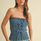 FRONT BOW DETAILED DENIM SMOCKED STRAPLESS TOP