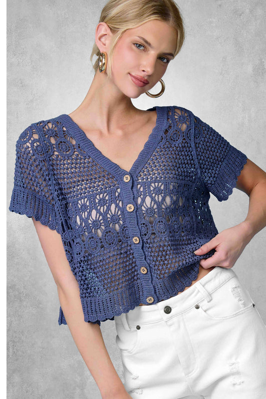 Open Knit Scallop Edge Button Down Cardigan