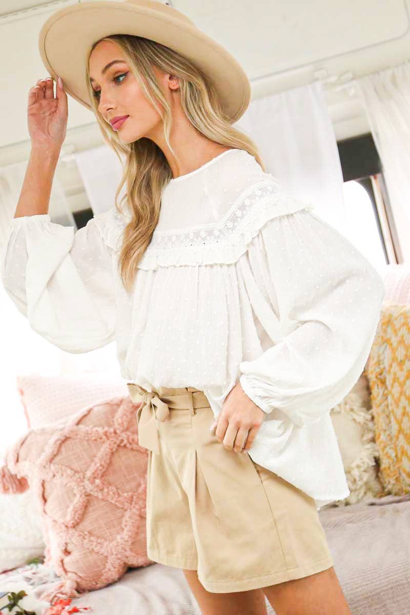 Lace-Up Back Detail Swiss Dot Patterned Blouse