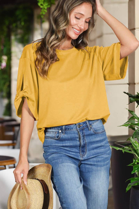 Tie Accent Sleeve Soft Casual T-Shirt Top
