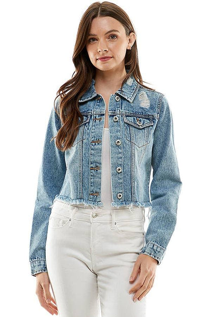 Ladies Distressed Denim Jacket - Southern Sassy Boutique