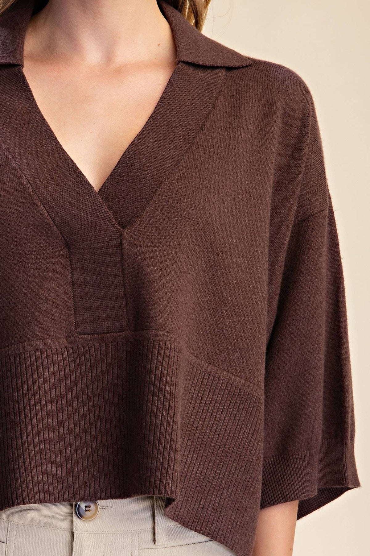 Collar V-Neck Dropped Shoulder Sweater