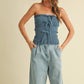 FRONT BOW DETAILED DENIM SMOCKED STRAPLESS TOP