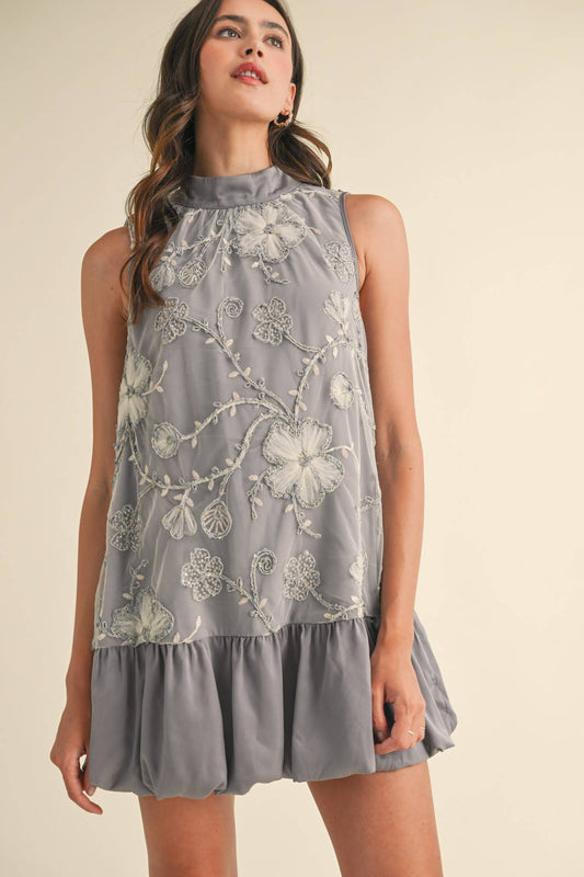 BUBBLE HEM EMBELLISHED MIXED MEDIA MINI DRESS