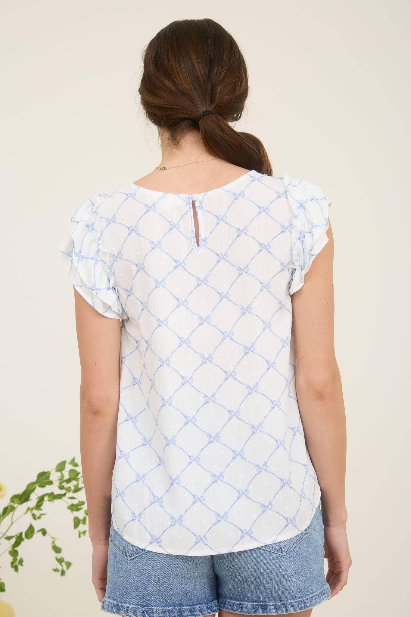 BOW CLIP DOT PATTERN RUFFLE SLEEVE BLOUSE - Southern Sassy Boutique