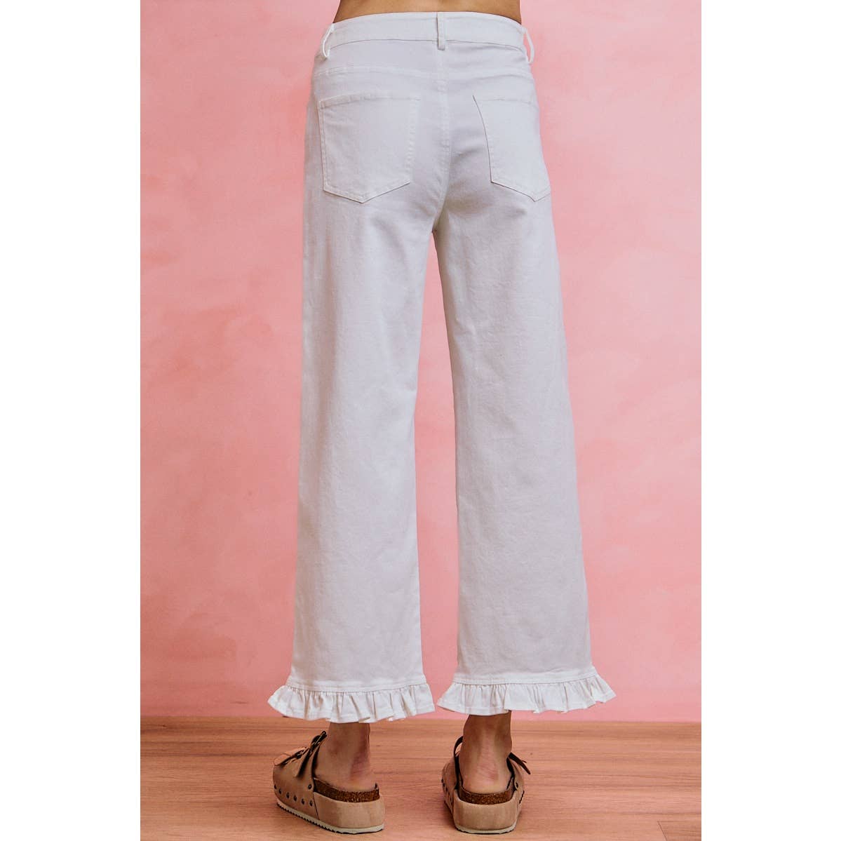 RUFFLED BOTTOM DETAIL MID RISE DENIM JEANS PANTS