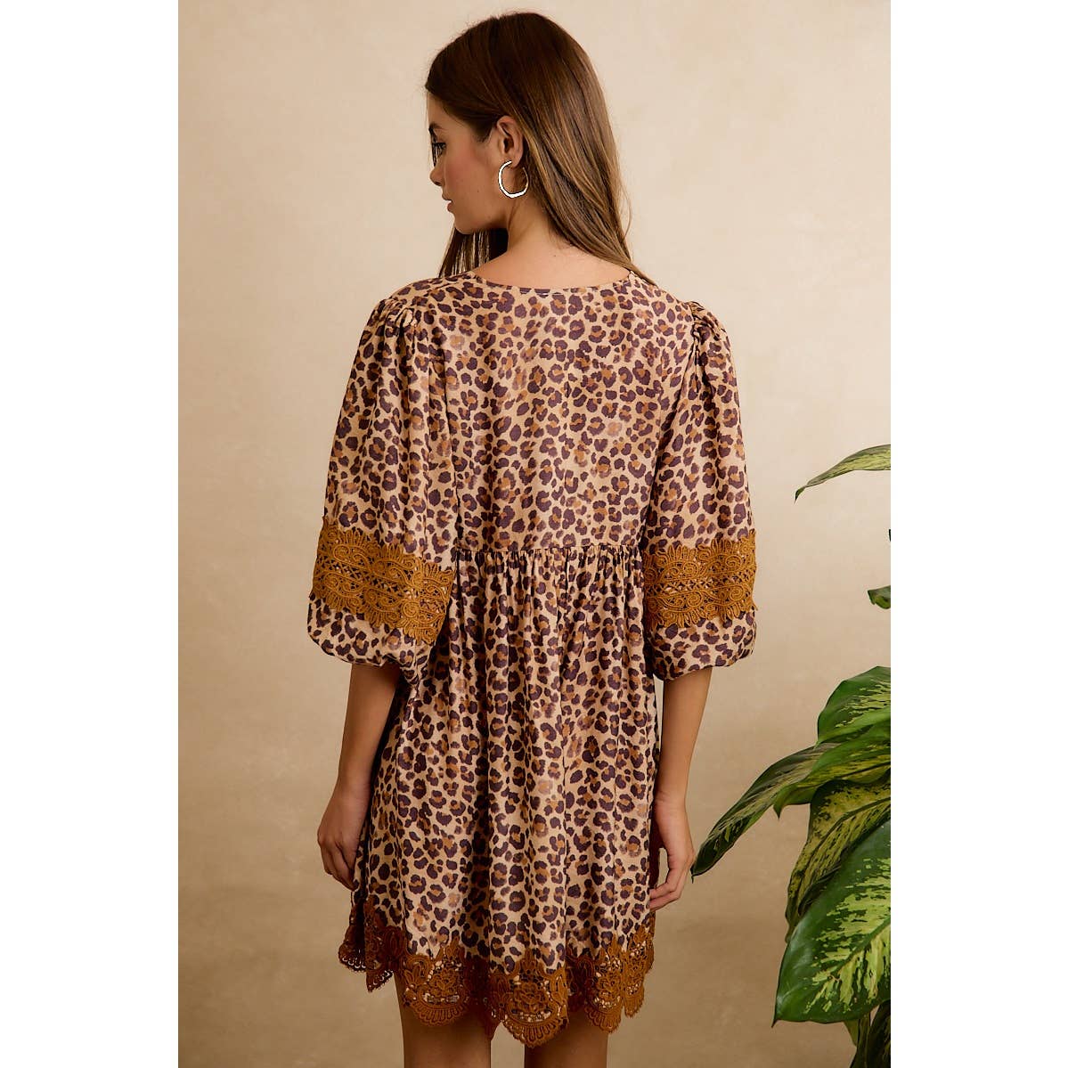 Leopard V-Neck Dress with Lace Trim