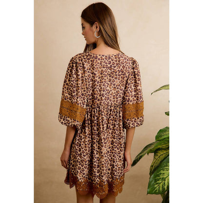 Leopard V-Neck Dress with Lace Trim