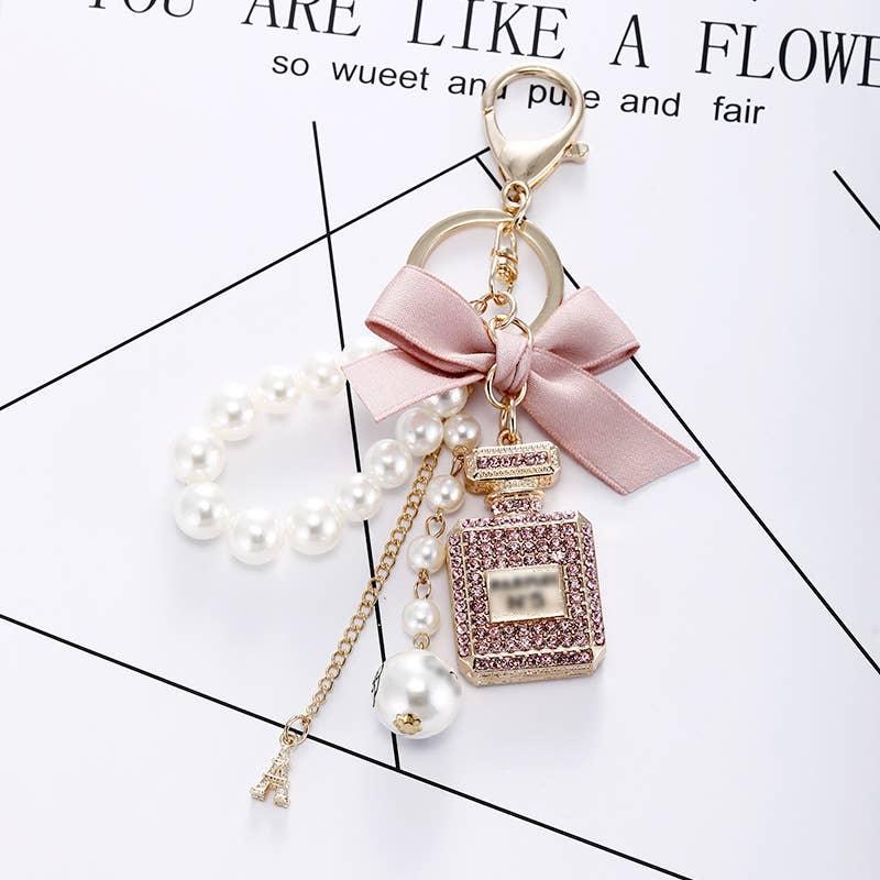 Perfume Bottle Bow Pearl Bag Charm Keychain - Southern Sassy Boutique