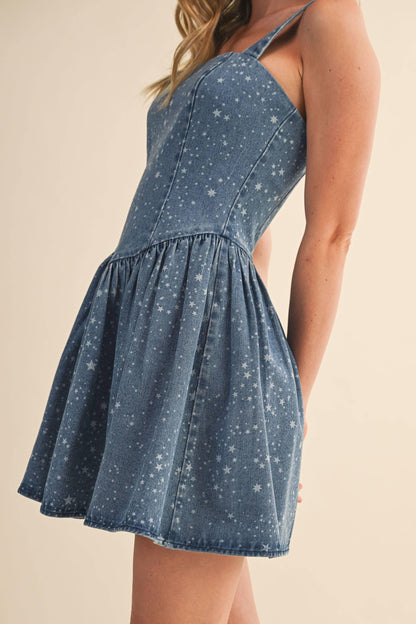 STAR PRINTED DENIM FLARED MINI DRESS - Southern Sassy Boutique