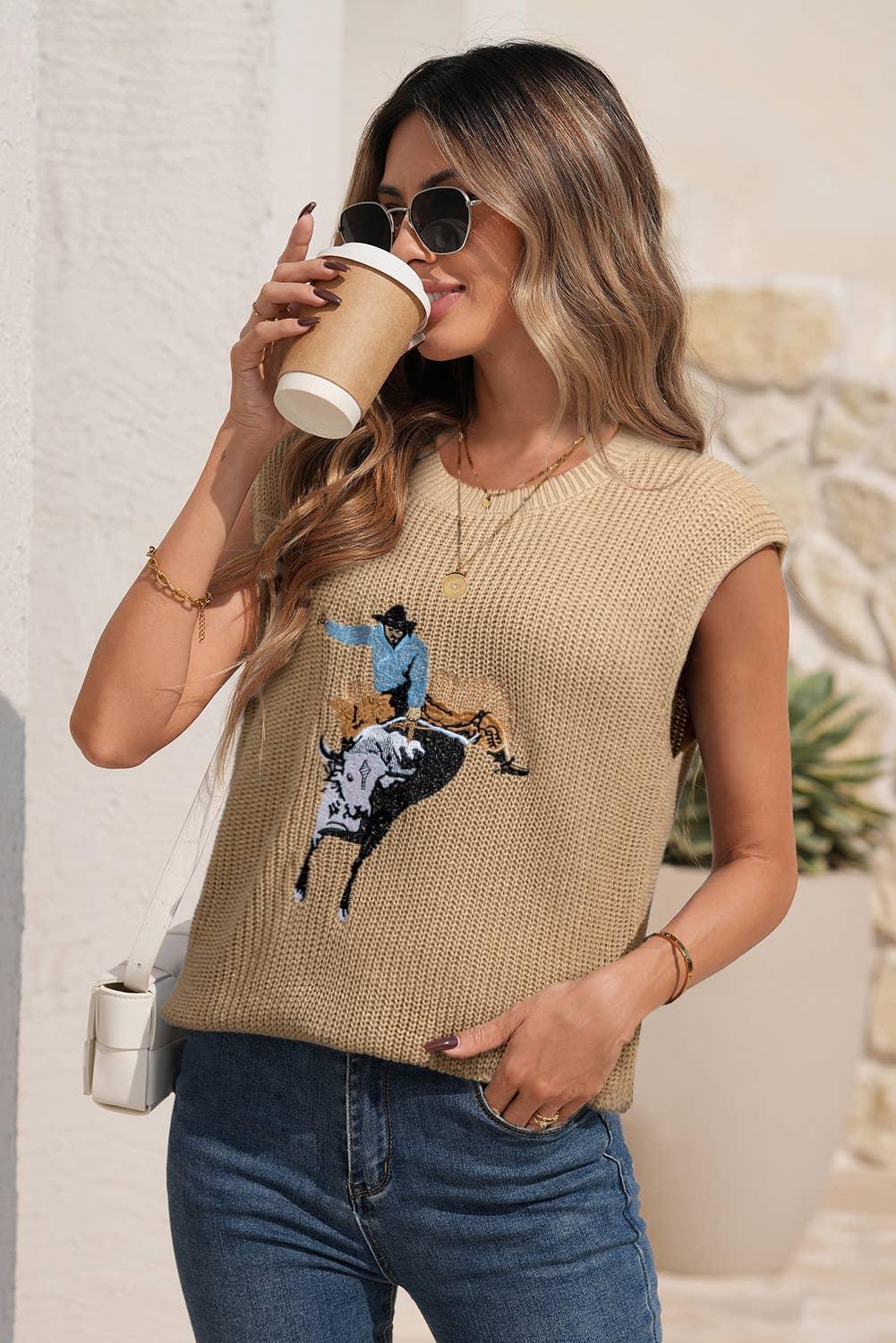 Western Cowboy Embroidery Round Neck Sleeveless Sweater - Southern Sassy Boutique