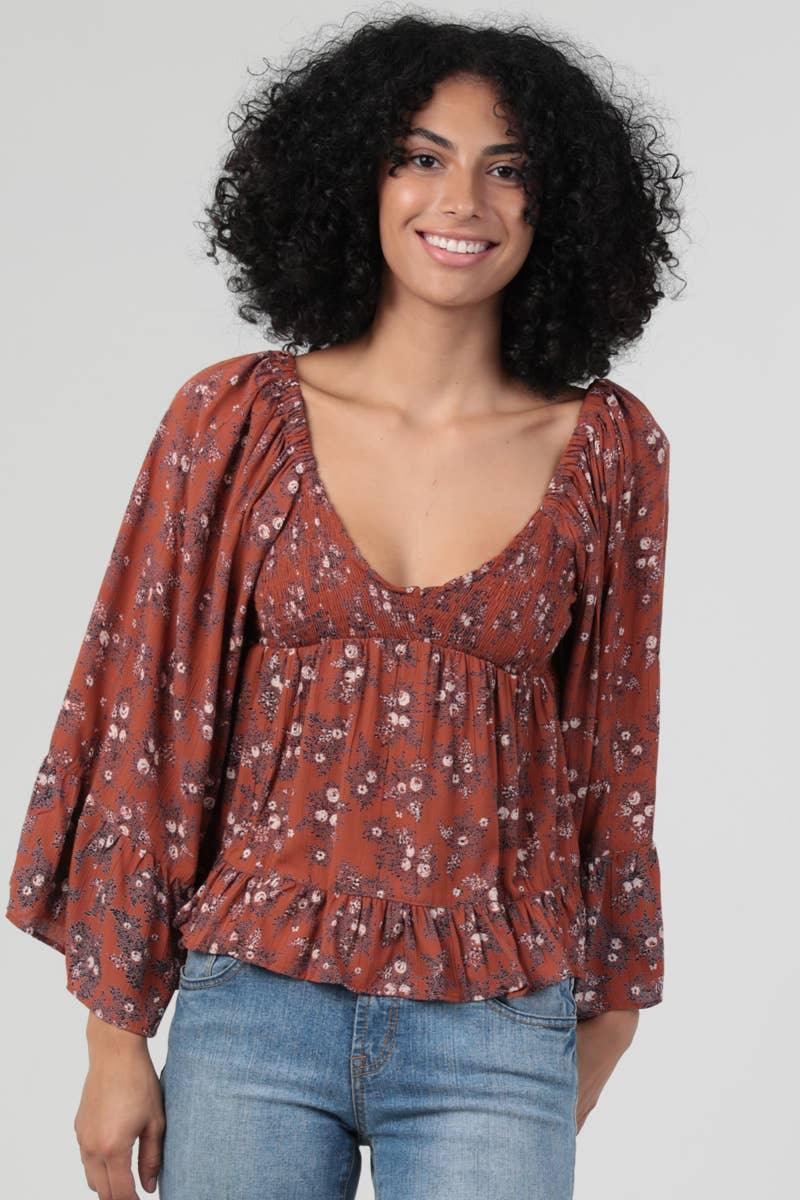 V NECK SMOCKED BUST WIDE BELL FLARE SLEEVES - Southern Sassy Boutique