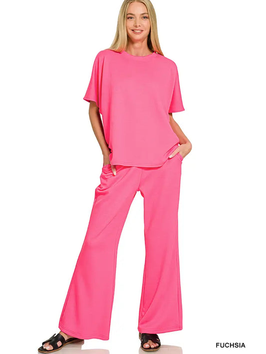 Scuba Curved Hem Top & Bell Bottom Pants Set