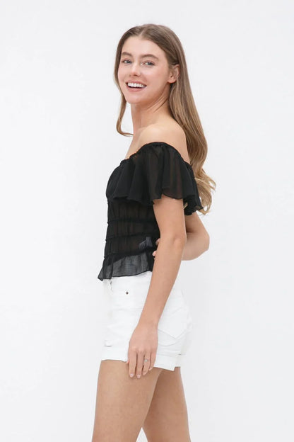 Sheer Sucker Chiffon Ruffle Elastic Tiered Bodysuit - Southern Sassy Boutique
