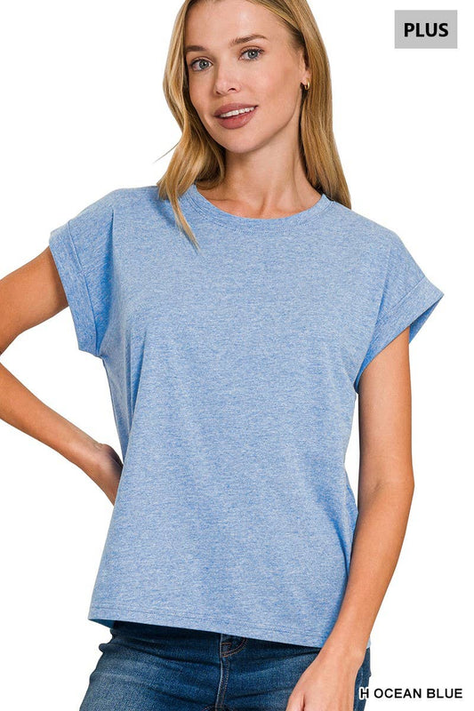 Plus Round Neck Folded Short Sleeve T Shirt