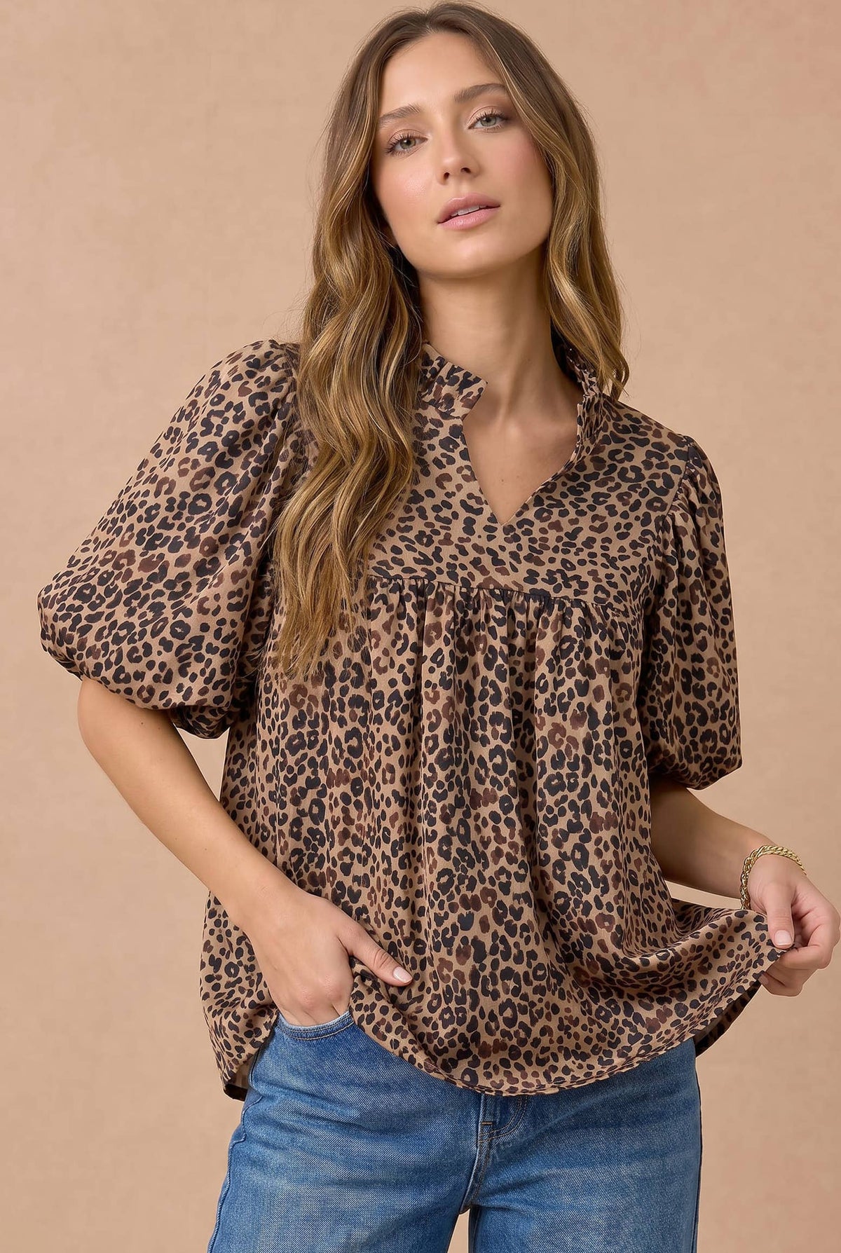 Leopard Ruffle Notch Neck Blouse