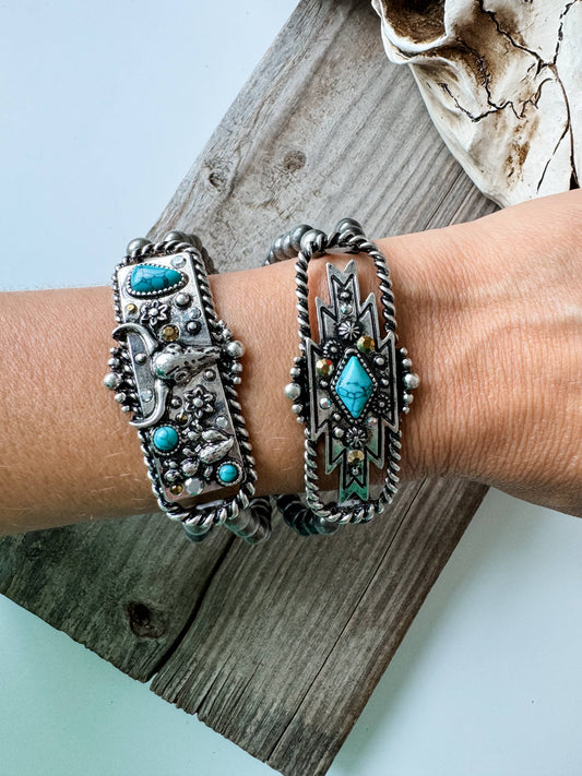 Western Steer Bracelet Navajo Style Turquoise Accent - Rhinestones