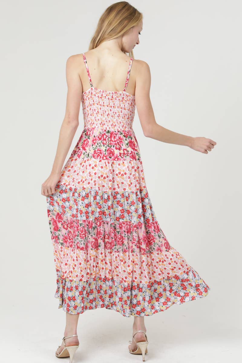 V Neck Twist Front Floral Tiered Maxi Dress